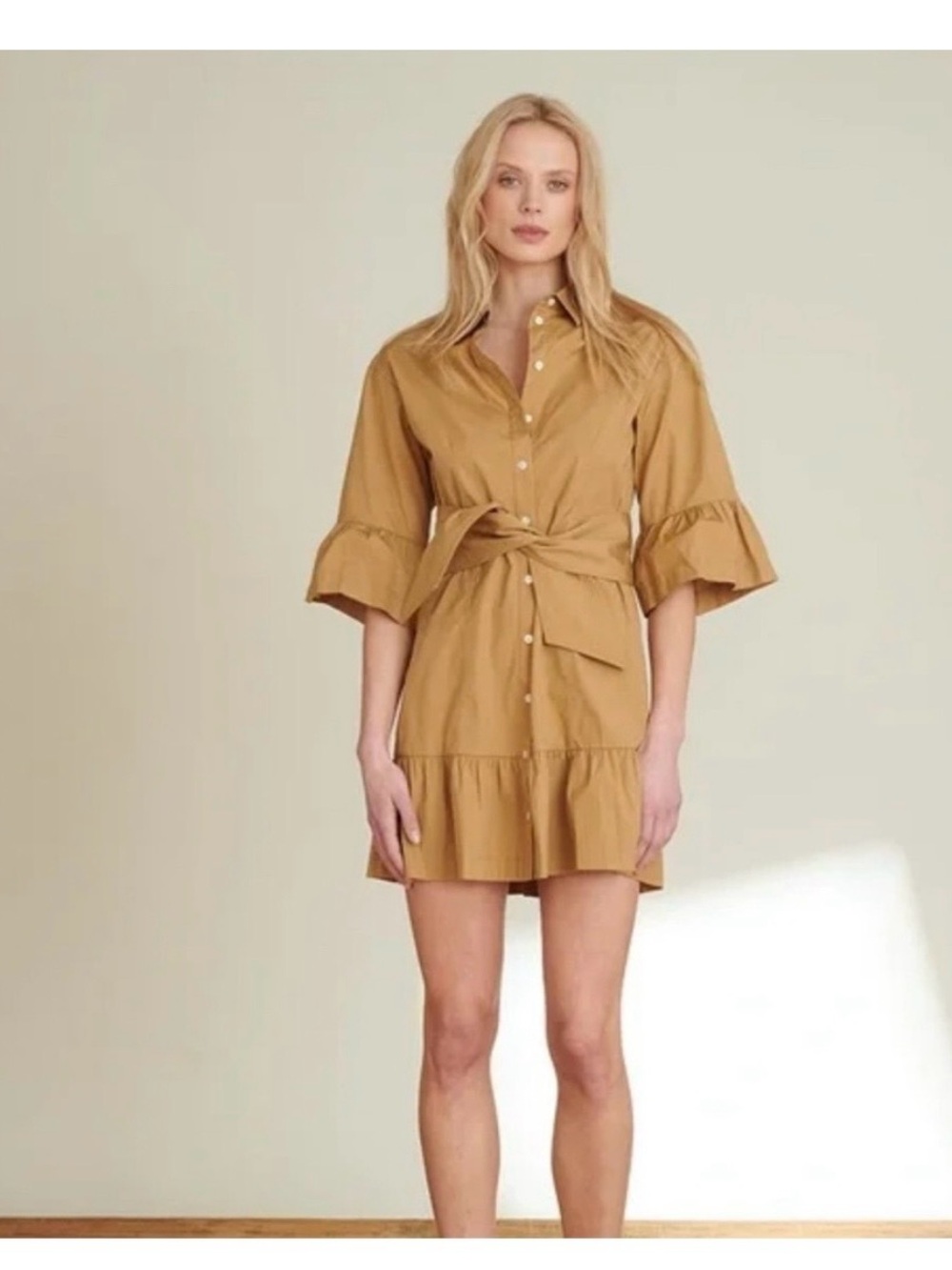 Veronica Beard Camel Tie-Waist Ruffle Mini Dress